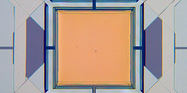 Micrograph of yellow square with lines attached to each corner.