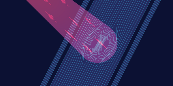 Wiggly pink lines representing photons intersect with straight blue lines representing the nanowire, creating swirls or hot spots. 