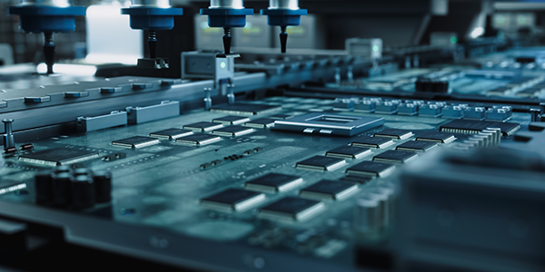 Robotic tools hover above a surface of dark-metal microchips and other electronics being manufactured.