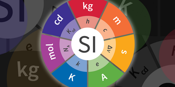 Circular multicolored graphic showing the symbols for the SI base units and the constants that are used to define them. 