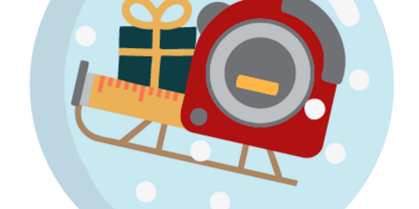 Cartoon snow globe features a tape measure shaped like Santa's sleigh.