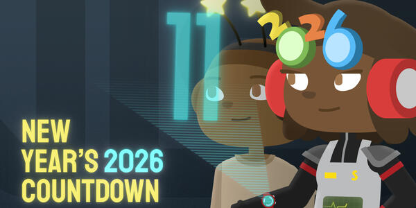 Screenshot from animated video shows mother and daughter characters and reads: New Year's 2026 Countdown.