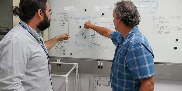Two men face away from the camera, pointing to diagrams written on a whiteboard. 