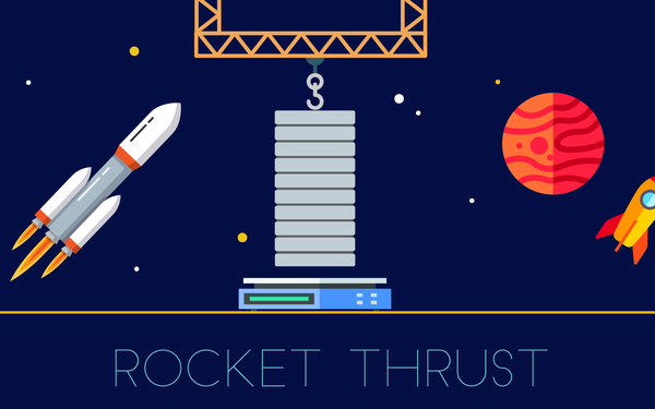 Illustration shows rockets with an outer space background, along with a stack of weights and the title "Rocket Thrust."