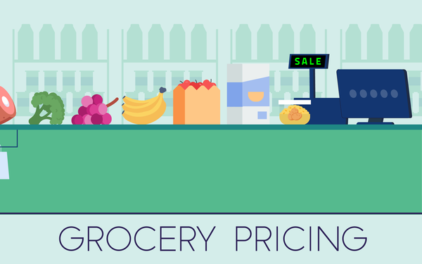 Illustration shows grocery items like meat, broccoli and bananas on the checkout counter with the words "Grocery Pricing."