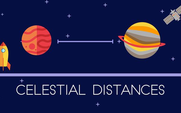 Illustration shows planets with a measuring line stretching between them. Text across the bottom reads: Celestial Distances.