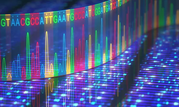 a stylized graphic of a ribbon of multicolored A's, C's, T's, and G's astride an electrophoresis readout