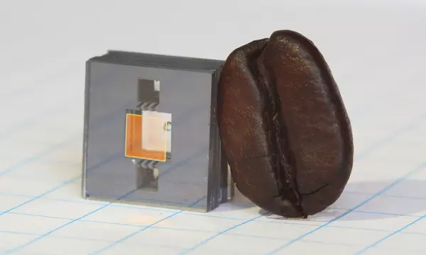 Square gray cube with two square holes in it and a gold square in between the holes, and a dark brown coffee bean leaning against the cube.