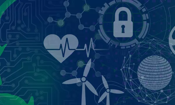 Illustration that shows an outline of a face and then icons to represent different areas of AI including heart (health), lock (cyber), windmills (energy), steering wheel (cars) and manufacturing arm