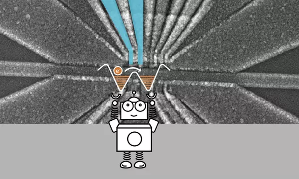 A cartoon robot holding up a pair of cups representing energy wells. An dot with an "e-" on it representing an electron is in the left cup. In the background is a black and white closeup of a electronic chip. Above the cups there are blue colored electric leads. 