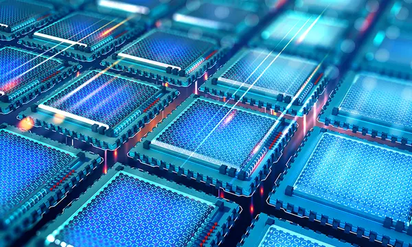 artist's concept of the inside of a quantum computer. A grid of blue computer chips with beams of light moving between them. 