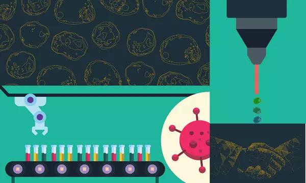 Illustration of a field of cells, a biomanufacturing assembly line, a flow cytometry device and a handshake.