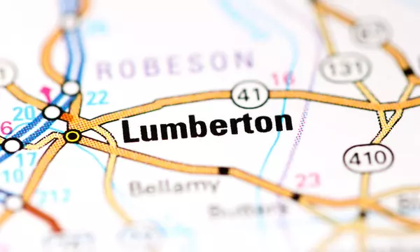 Close-up of a map showing a city called Lumberton