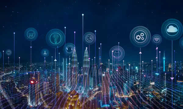 Panorama aerial view in the cityscape skyline with smart services and icons, internet of things, networks and augmented reality concept , night scene .