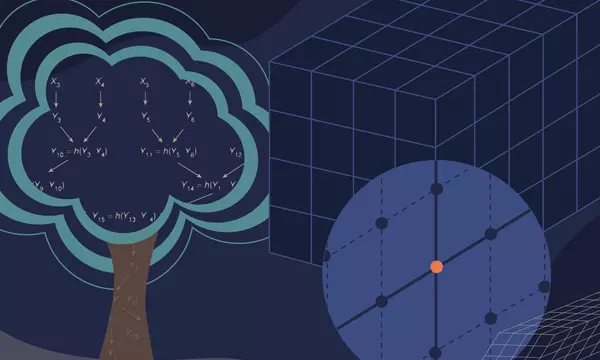 Illustration in blue tones shows a tree on the left with algorithms and lattice images on right. 