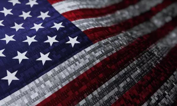 A photo illustration of an American flag with zeros and ones on the stripes