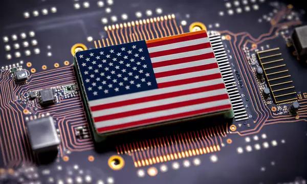 A photo illustration of an American flag on a circuit board