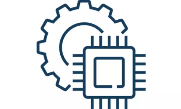 A line drawing of a gear and a semiconductor chip