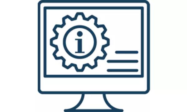  A line drawing of a computer monitor with an gear and an "i" indicating information