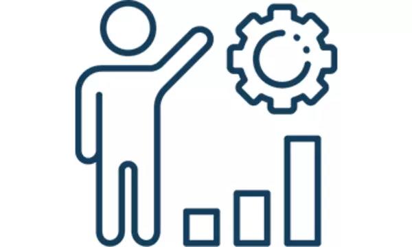 a line drawing of a person holding a gear over a bar chart with increasingly higher bars from left to right