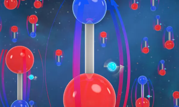Illustrated molecules, represented by red spheres and blue spheres connected by a white cylinder, fill a dark blue field. Alongside the molecules are electrons, represented by light blue spheres with directional arrows pointing through them.