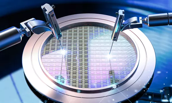 3d rendering robotic arms with silicon wafers for semiconductor manufacturing 