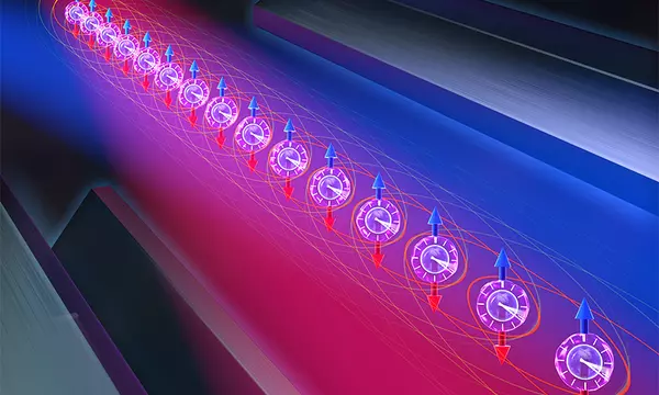 Illustration of a pair of tweezers surrounding a beam of light that illuminates a line of atoms, each with an analog clock face in the center and an up and down arrow pointing through it.
