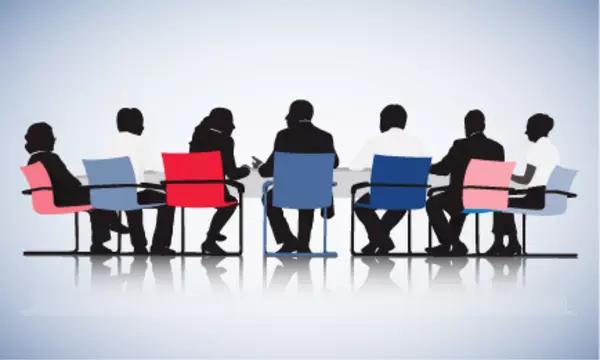 Graphic of committee members seated around a table in discussion