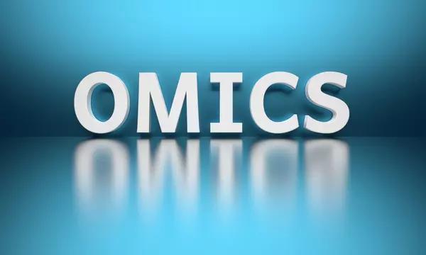 Illustration with three dimensional letters of the word “omics” reflected onto the foreground surface.