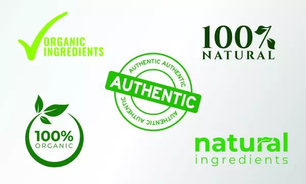  Illustration with logo style printing:  “organic ingredients”, “100% natural”, “100% organic”; “natural ingredients”, and “authentic” centered in bold letters.