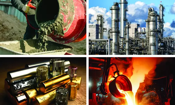 Photomontage showing concrete mixing, an oil refinery, steel production, and metal ingots. 
