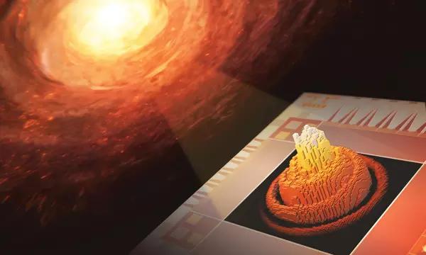 Illustrated celestial body shines on a flat box-shaped device with a protruding center.