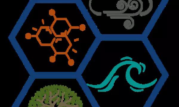Stylized figure consisting of the chemical structure of pyrene with four hexagon rings enclosing icons for wind/clouds, waves, tree, and chemical structure.