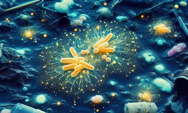 Orange glowing microbes in a landfill