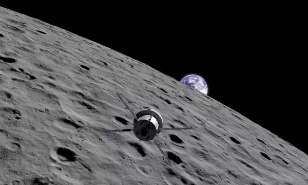 Illustration shows a spacecraft orbiting the Moon with the Earth visible in the background over the lunar horizon.