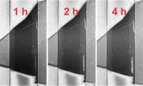 A time series of a MoS2 flake exposed to increasing time under electrical stress shows the growth of defects denoted with red and yellow areas over time. S= source and D = drain electrode.