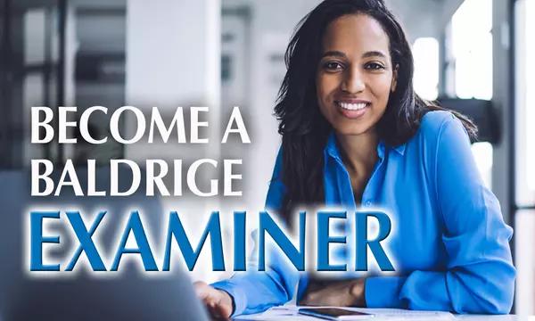 Woman sitting at a table while leaning on her hand and using her laptop to apply to become a Baldrige examiner.