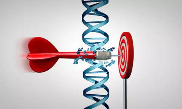 A dart moving through a strand of DNA hitting a target in the bullseye
