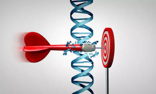 A dart moving through a strand of DNA hitting a target in the bullseye