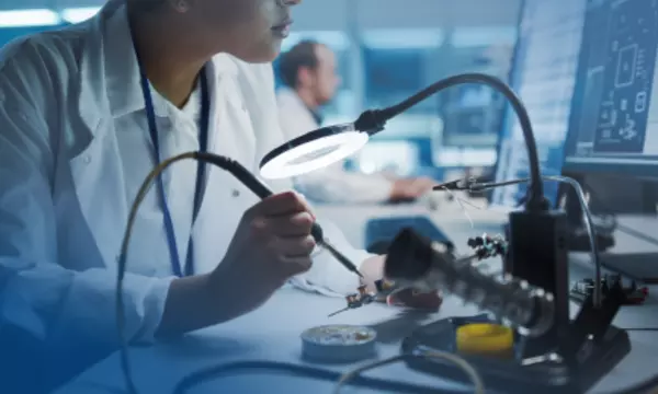 Person soldering and referencing a computer screen in a lab 