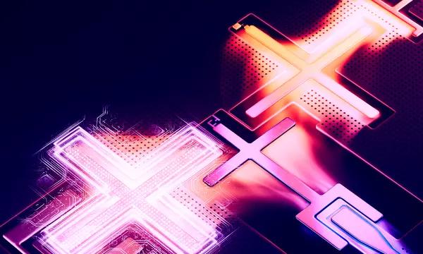 Three qubits appear in an artist’s conception as X-shaped icons that fit together.