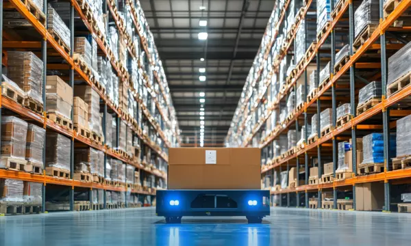 Small robot with a package in a warehouse