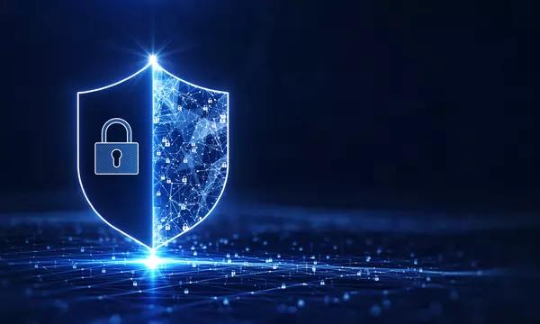 Graphic with a shield and lock depicting cybersecurity