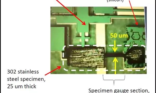 Detail of a MEMS (micro-electrical mechanical system) device showing the size and geometry of a small-scale specimen.