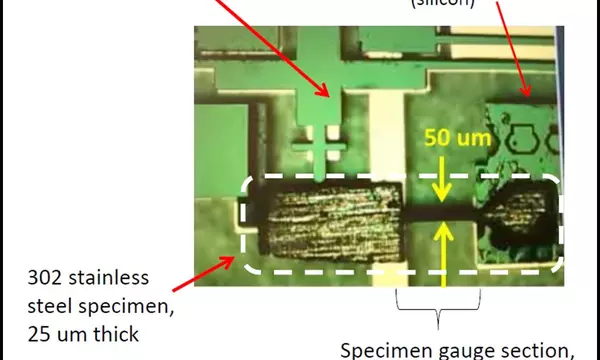 Detail of a MEMS (micro-electrical mechanical system) device showing the size and geometry of a small-scale specimen.