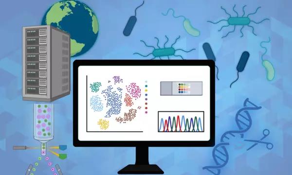 Stylistic illustration of biological data being derived from microbial metrology, genome editing and flow cytometry research being made available globally online.