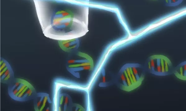 Illustration of DNA molecules entering a tube with lightning bolt in foreground