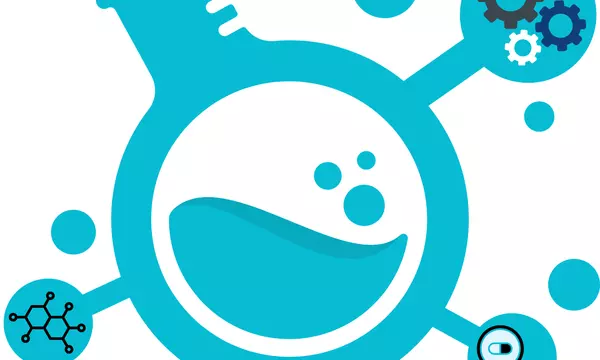 Graphic representing a round bottome flask filled with blue liquid, and a chemical structure, magnifying glass, and gears radiating off the flask.