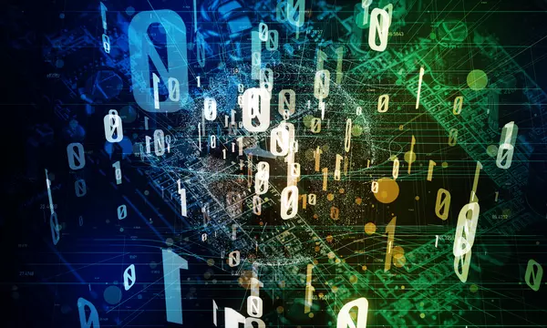 Illustration for quantum computing shows zeroes and ones hovering in space with background of electronic networking diagrams. 