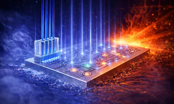 Illustration of a rectangular chip surrounded with both blue cold and red heat, with blue light shooting up from its components. 